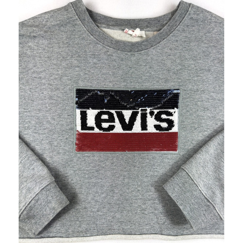 Levis Sequin Logo Cropped Sweatshirt Womens Size M Gray Cotton Raw Hem